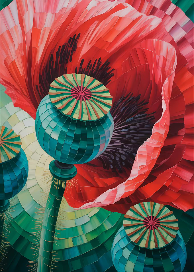 Bright Poppy Flower Painting in Mosaic
