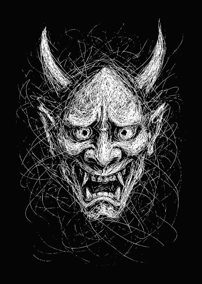 White Oni Mask on Black Background Scribble Art