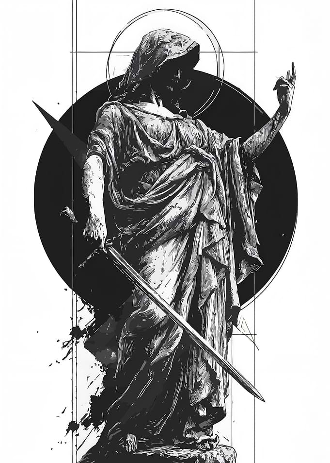 Monochrome hooded figure with sword art