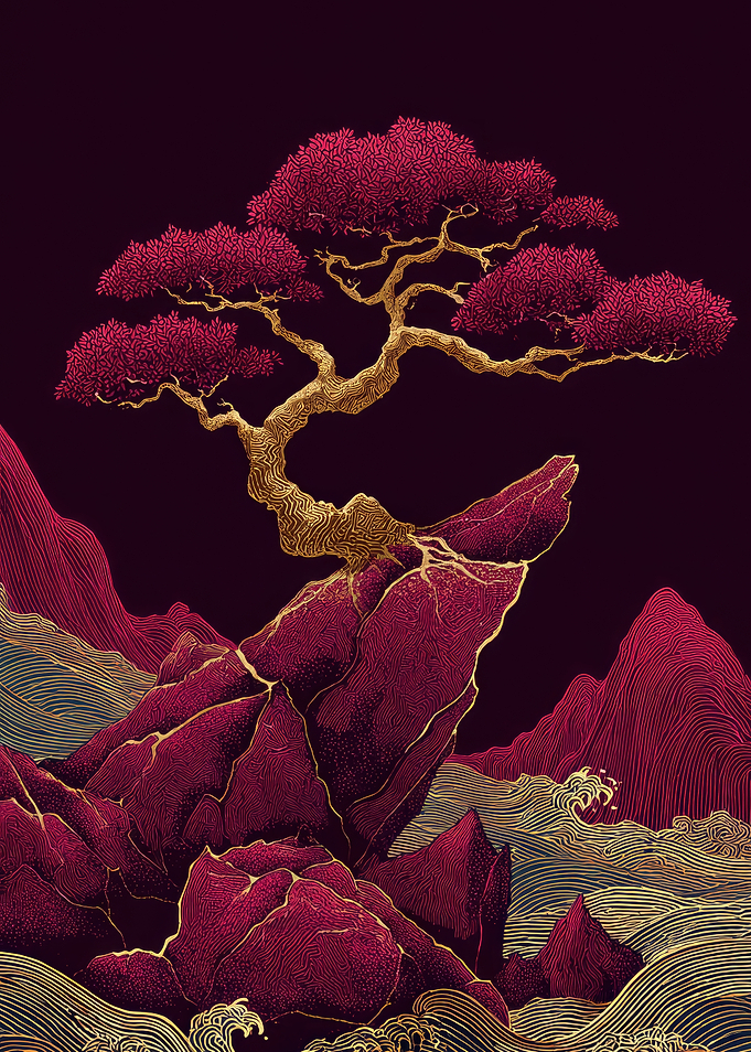Fuchsia Pink Bonsai Tree on Rocks with Waves