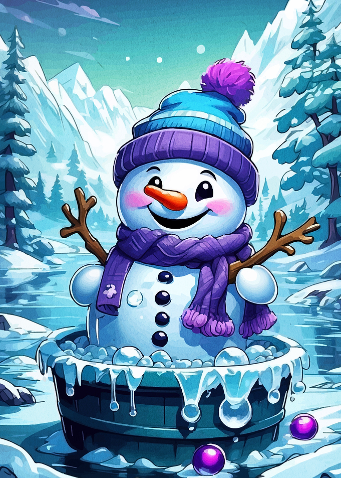 Cartoon Snowman in Winter Landscape