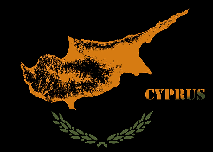 Cyprus Topographic Contour Relief Map blending terrain features into its emblematic colorful flag