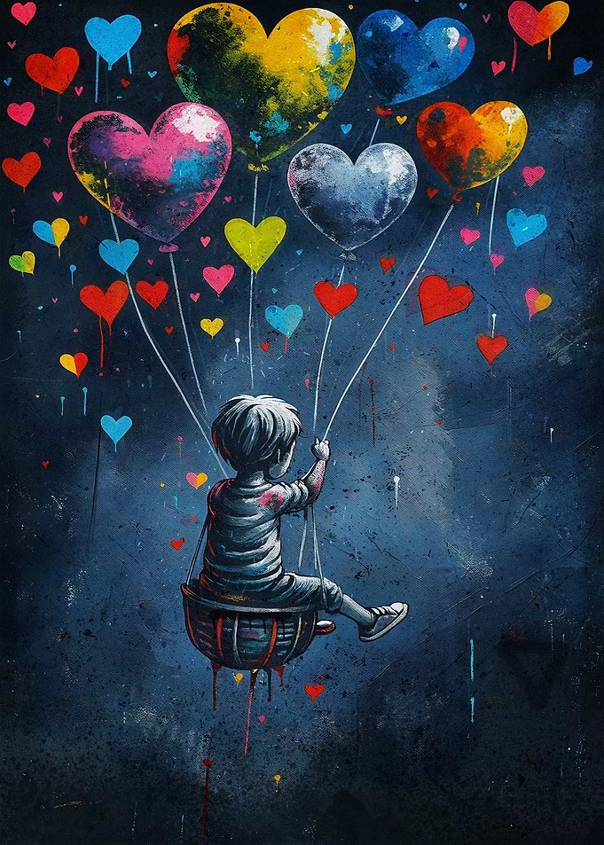 Banksy Boy on Swing with Heart Balloons