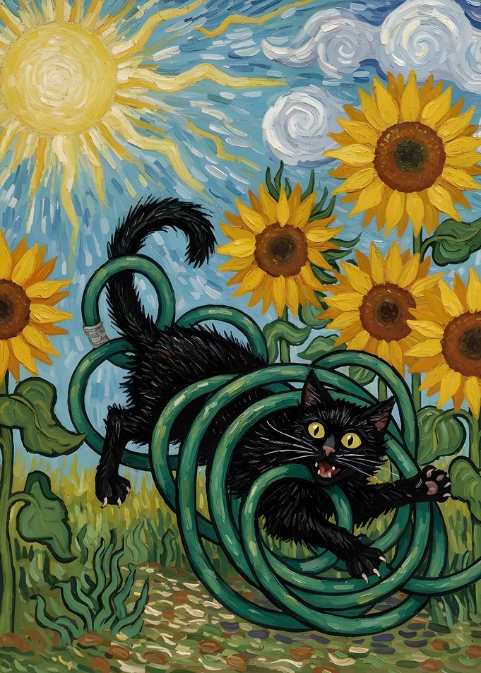 Black Cat and Garden Hose Painting