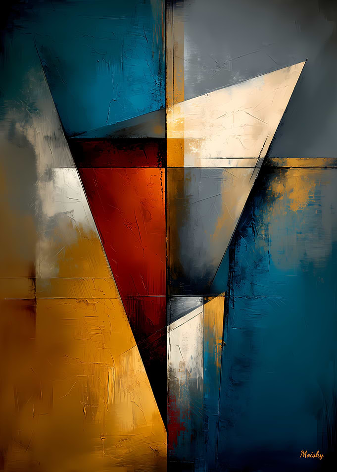 Abstract Angular Structure – Blue, Gold & Red Geometry