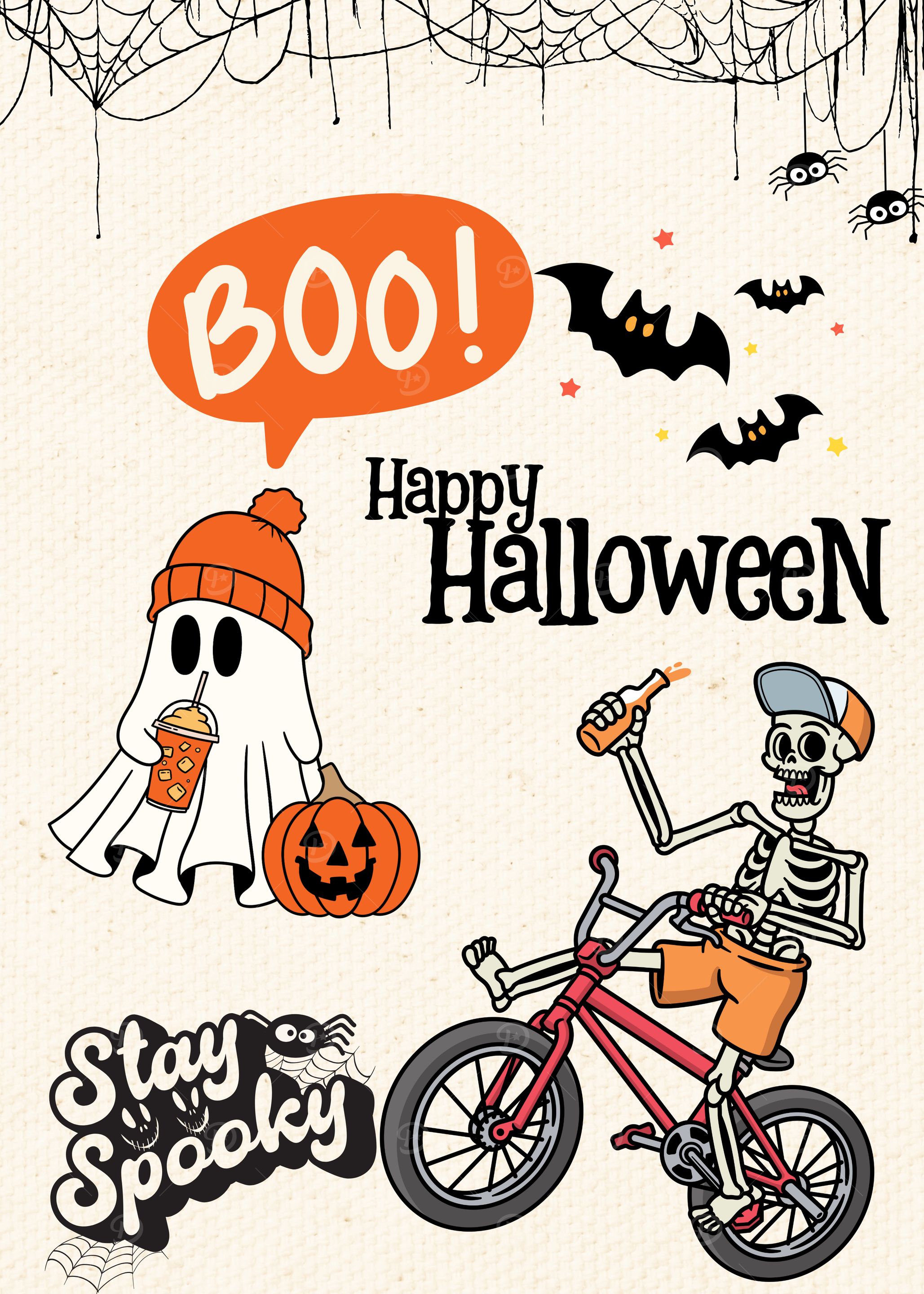 Halloween Stay Spooky Cartoon with Ghost and Skeleton
