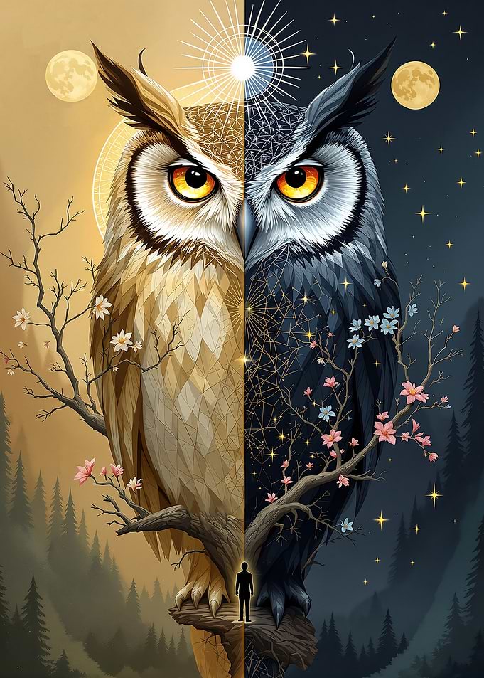 Mystical Owl of Day and Night Duality Fantasy Illustration of Sun and Moon Balance