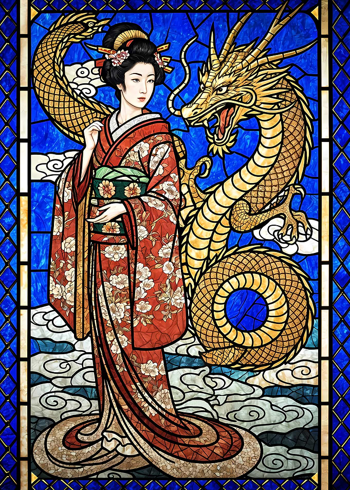 Stained Glass Geisha and Golden Dragon