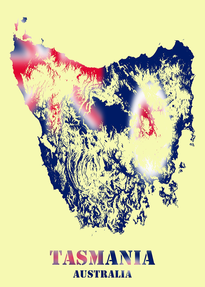 Tasmania Australia Topographic Contour Relief Map blending terrain features into its emblematic colorful flag