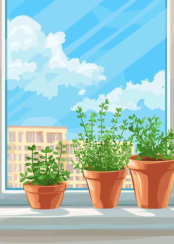 Potted Plants on Windowsill Illustration