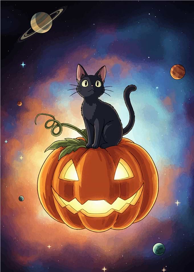 Black Cat on Pumpkin in Space