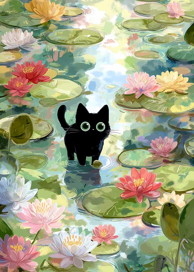 Black Cat in Lily Pond