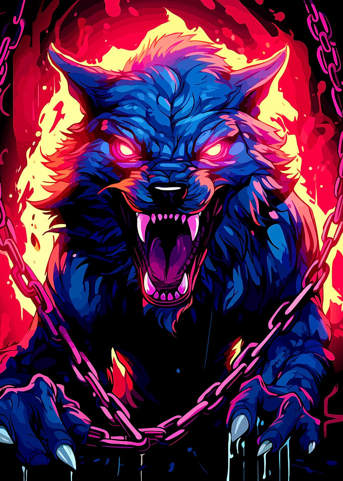 Fierce Blue Wolf with Chains