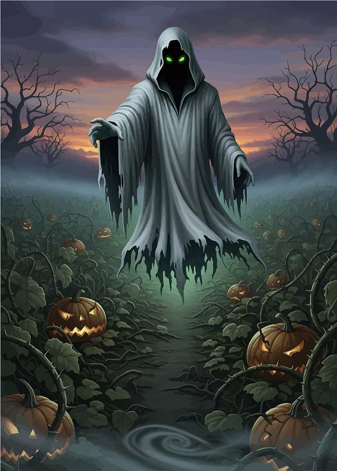 Halloween Ghost in Pumpkin Patch
