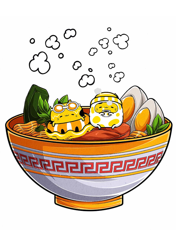 Cartoon Ramen Bowl with Egg Characters