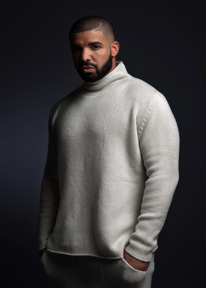 Drake portrait in white turtleneck sweater