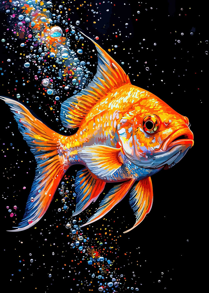 Vibrant Goldfish with Bubbles on Black