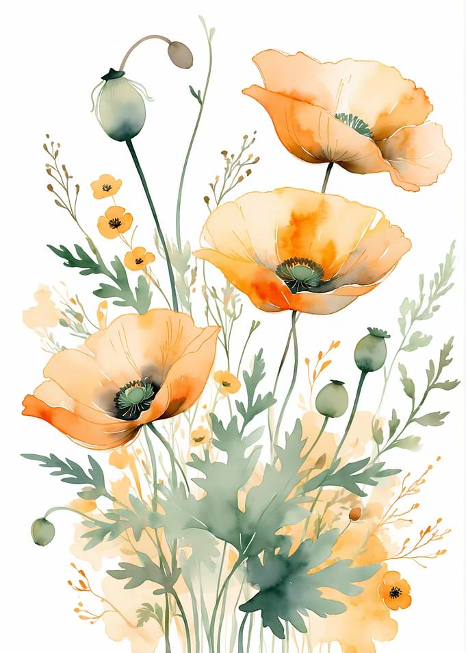 Watercolor Poppies Floral Art
