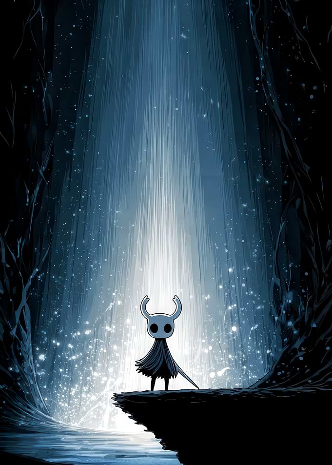 Hollow Knight standing in a cavern