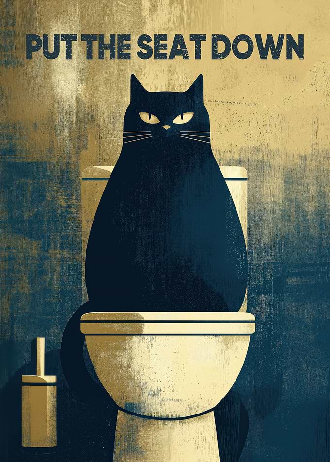Put The Seat Down Cat Bathroom Wall Art - Funny Vintage Toilet Art