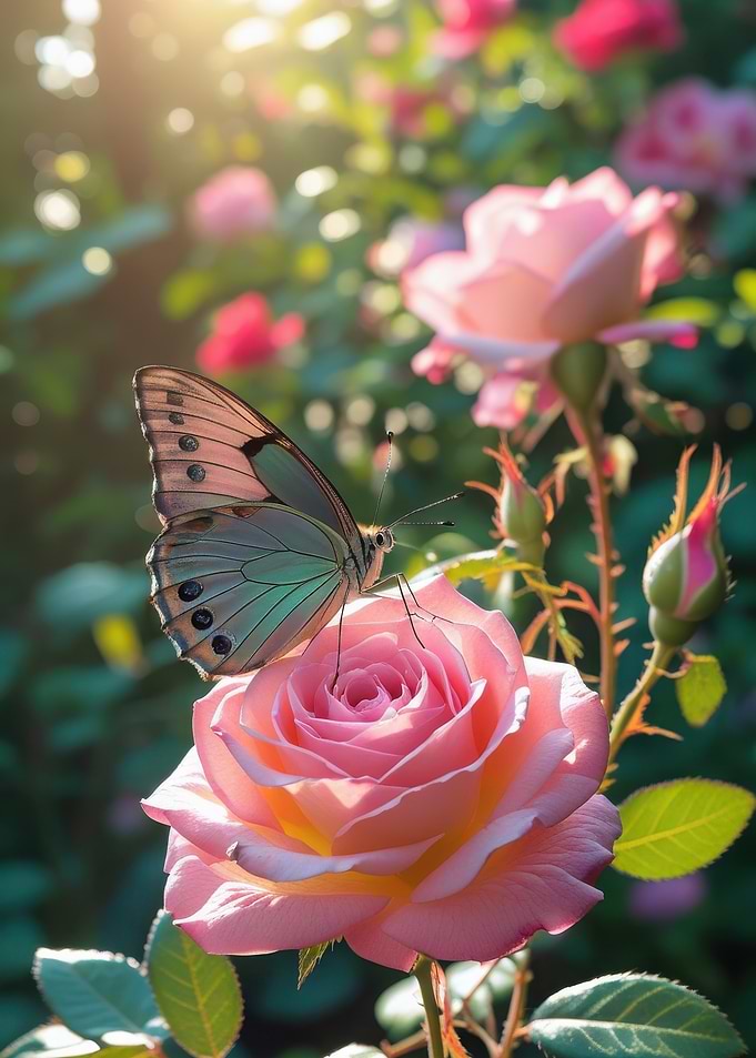 Butterfly on Pink Rose in Garden