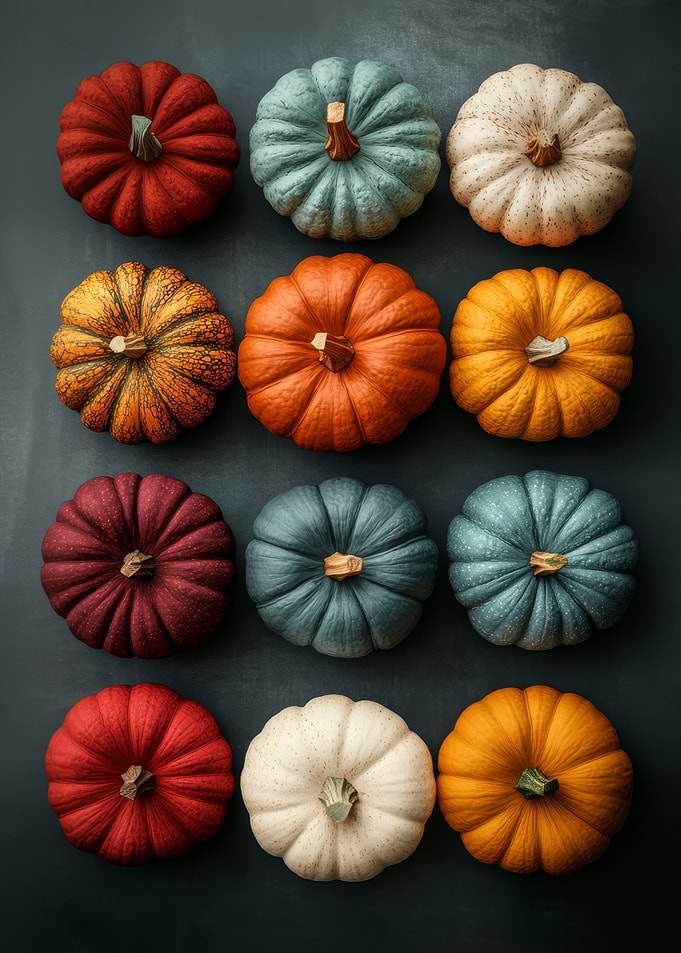 Colorful Pumpkins on Dark Background | Cozy Fall Art