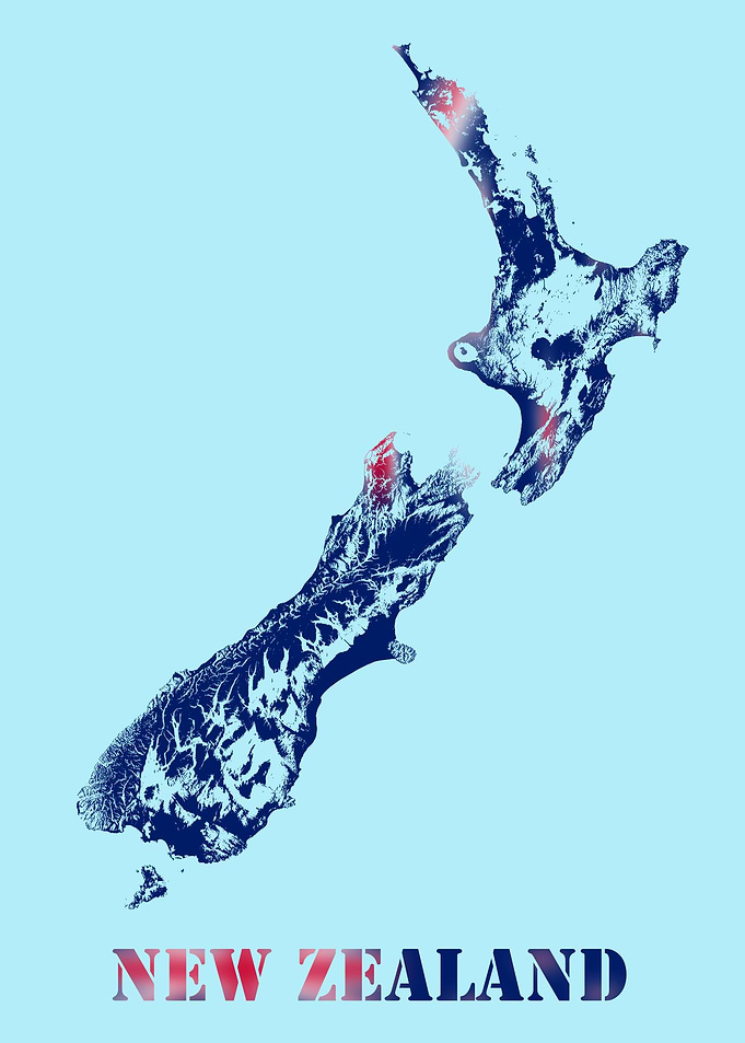 New Zealand Topographic Contour Relief Map blending terrain features into its emblematic colorful flag