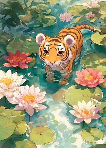 Cute Tiger Cub in Lily Pond