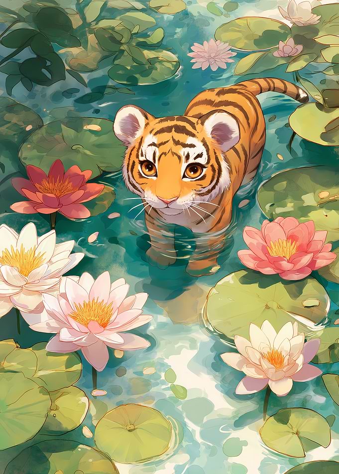 Cute Tiger Cub in Lily Pond