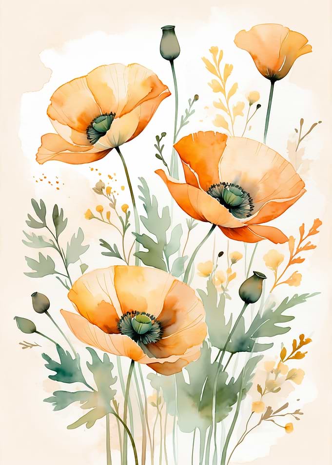 Watercolor Poppies Floral Art