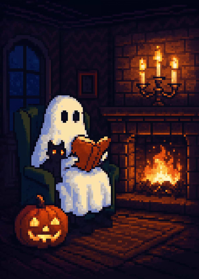 Cute Halloween Ghost Reading Pixel Art