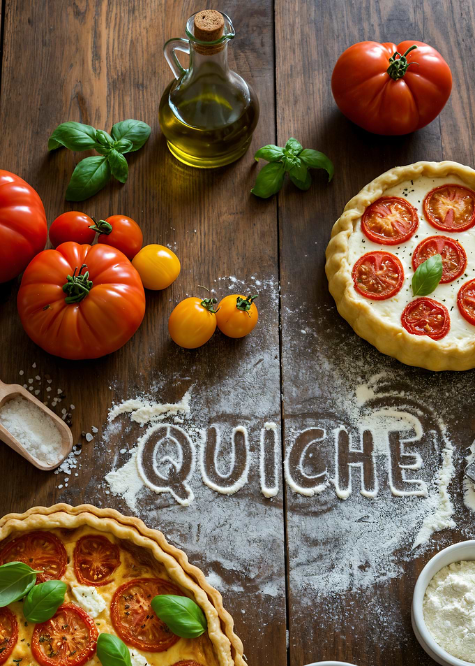 Tomato Quiche Preparation on Wooden Table