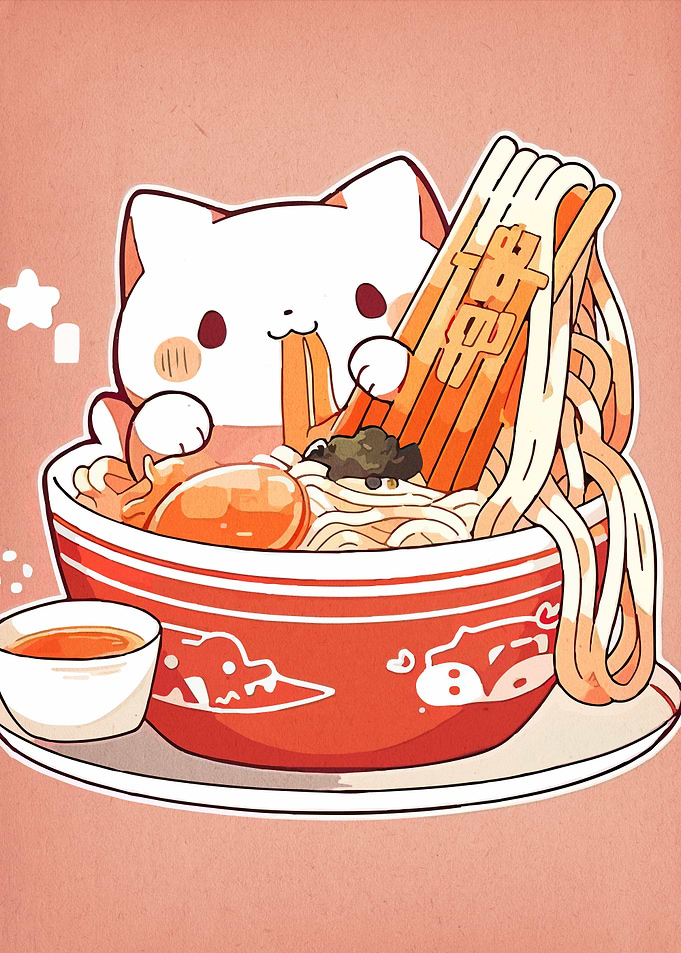Cute Cat Eating Ramen Illustration