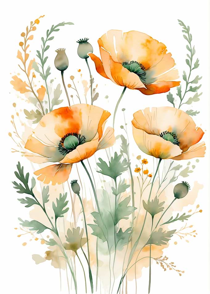 Watercolor Poppies Floral Art