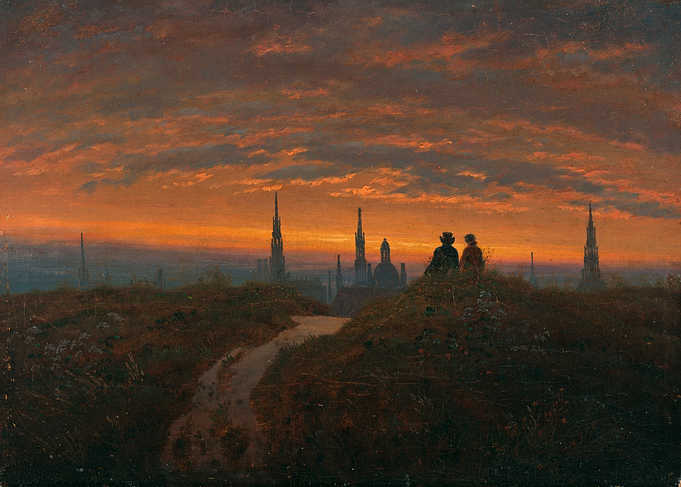 Two Contemplate Cityscape at Sunset Painting