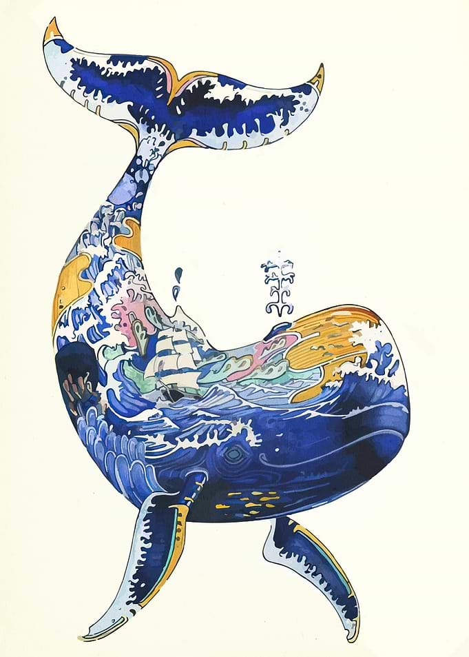 Whale Illustration with Ship and Waves