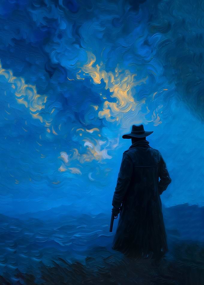 Lone Cowboy in Blue Landscape Painting