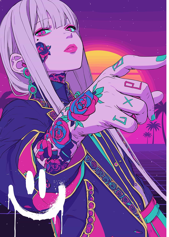 Anime Girl with Tattoos and Retro Sunset