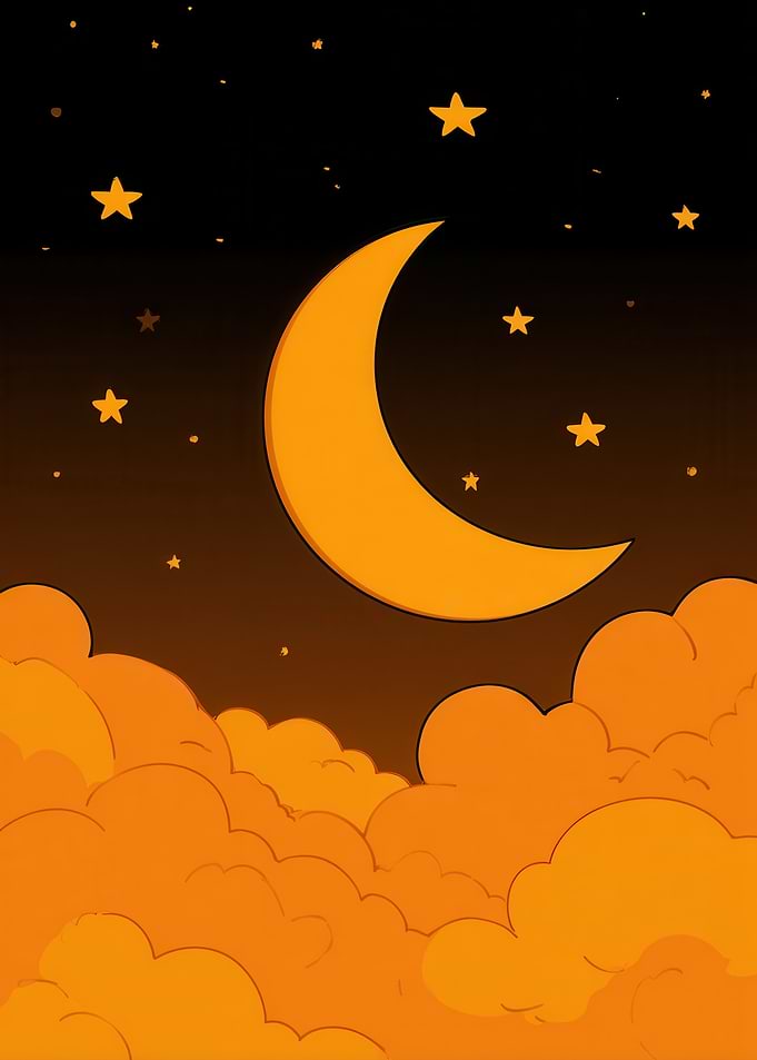 Crescent Moon and Stars in Night
