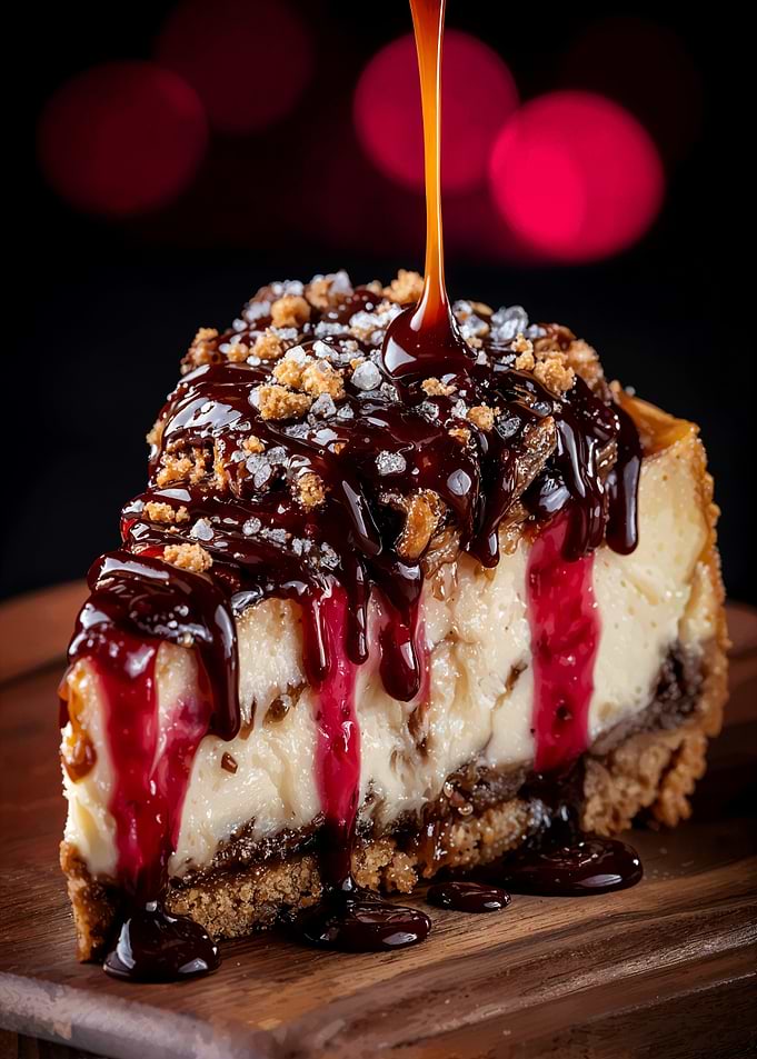Delicious Cheesecake Slice with Caramel Drizzle