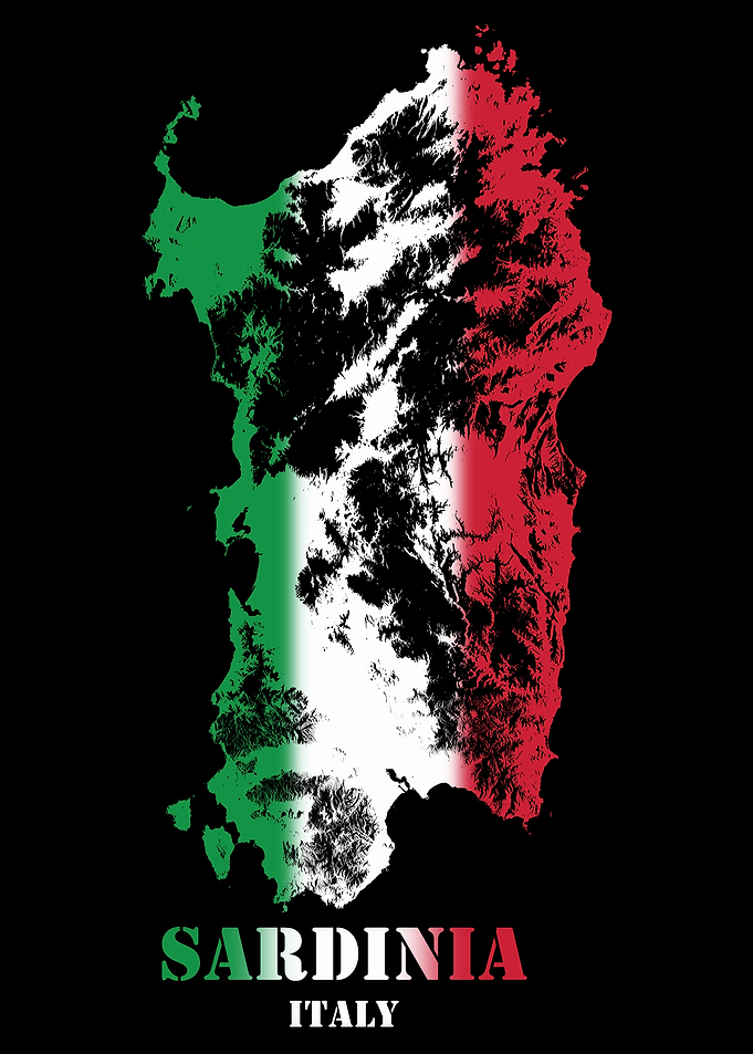 Sardinia Italy Topographic Contour Relief Map blending terrain features into its emblematic colorful flag