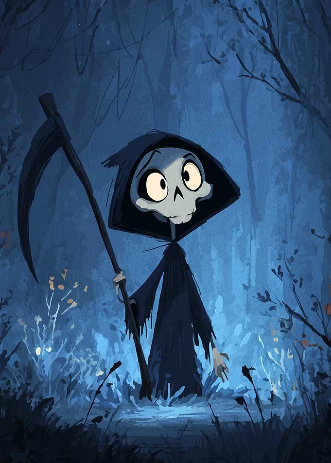 Cartoon Grim Reaper in Blue Forest