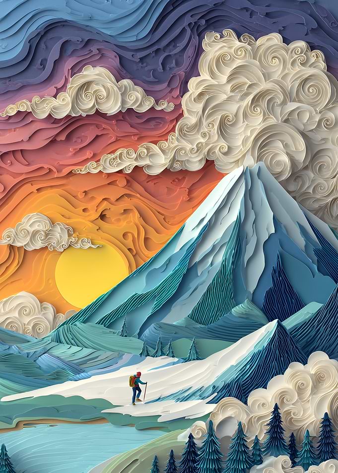 Mountain Snow Winter Hiker Papercut Art Landscape
