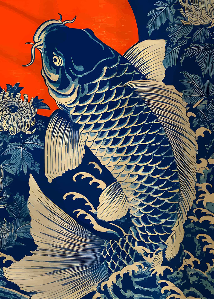 Koi Fish and Rising Sun Art