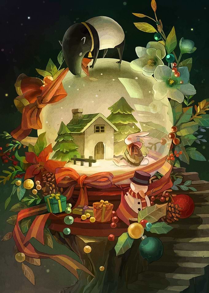 Whimsical Christmas Snow Globe Illustration