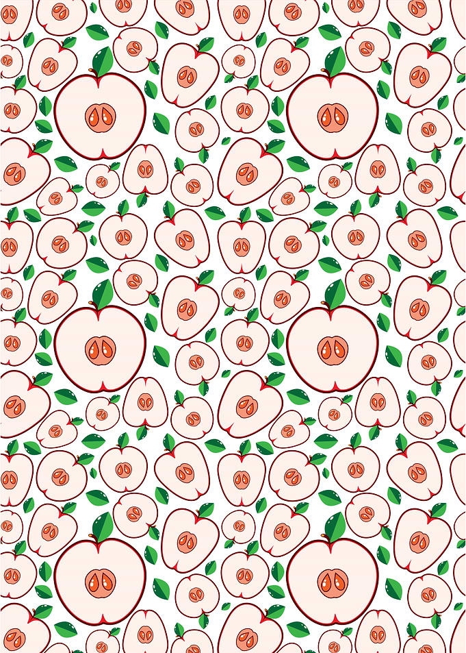 Apple halves pattern with green leaves