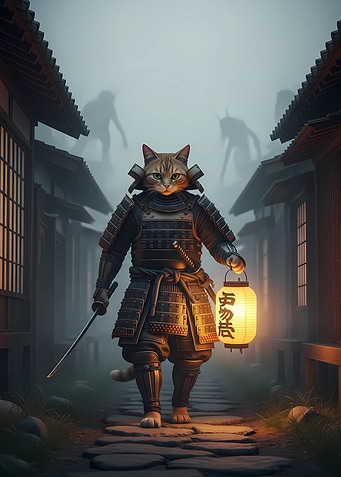 Samurai Cat with Lantern in Fog