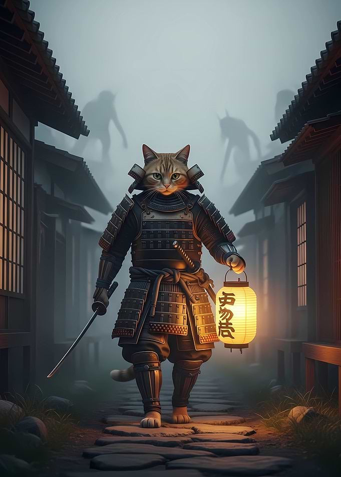 Samurai Cat with Lantern in Fog