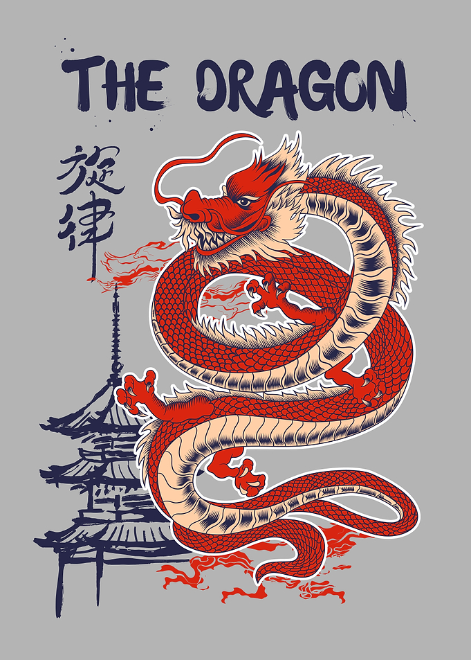 Red Dragon with Pagoda Illustration