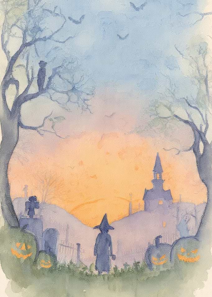 Watercolor Halloween Night Scene